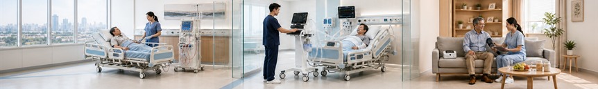 Medical specialties spanning hemodialysis, emergency and critical care, home care, wound care, and nutrition